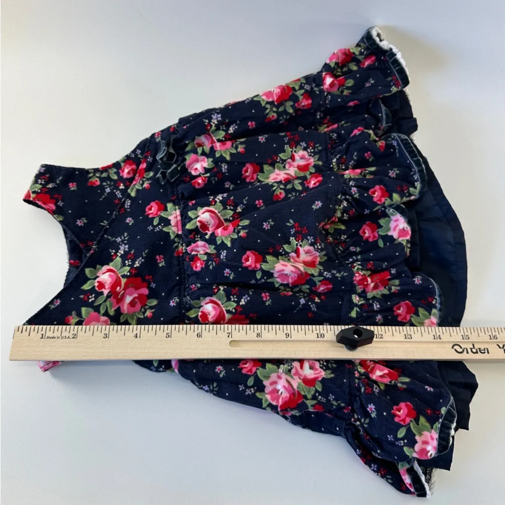 VTG OshKosh‎ B’Gosh Baby Girls 12M Corduroy Dress Cross Front Navy Roses Ruffle